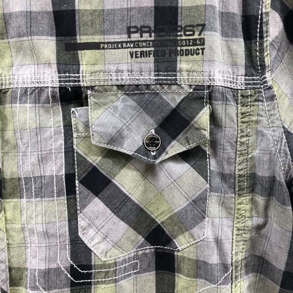 Projek Raw Gray Yellow Plaid Button Up Shirt Mens Medium M Short Sleeve - Picture 6 of 12